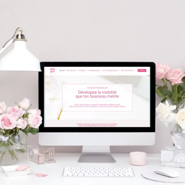 Vignette Kit Site Vitrine Pinky template wordpress, elementor, feminine desktop, ipad, femme entrepreneur, coaches, formatrice en ligne, thérapeutes, entrepreneurs spirituelles, holistique, bien être