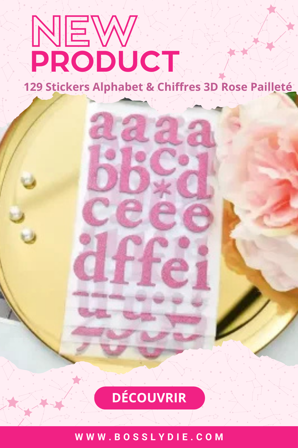 Vignette Pinterest Stickers Alphabet & Chiffres 3D Rose Pailleté